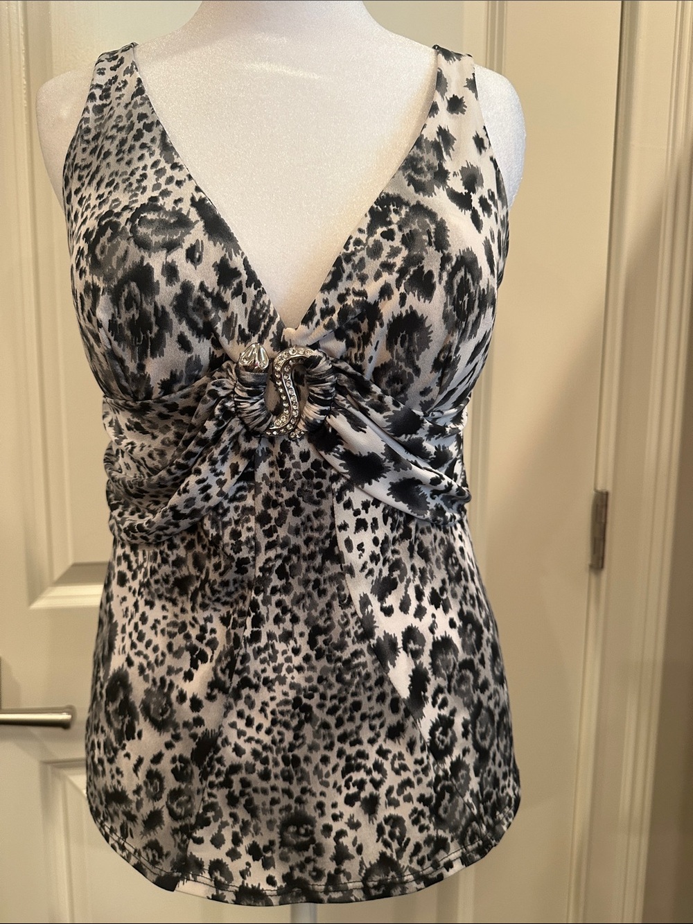 Cache Black & White Animal-Print Satin Camisole with Jeweled Center